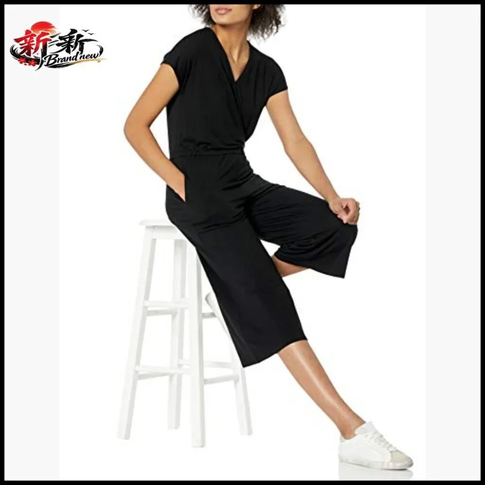 Rayon Stretch Jersey V-Neck Surplice Cropped Wide-Leg Jumpsuit